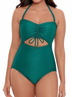 Green Ribbed Cut-Out Adjustable Full Coverage One Piece Swimsuit